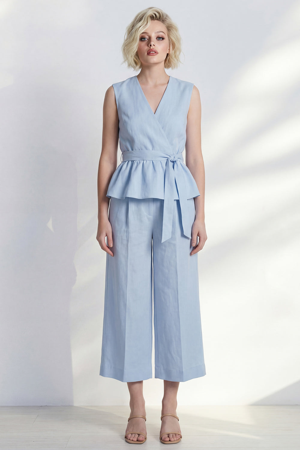 2 Piece Ruffled Light Blue V Neck Business Suits with Belt