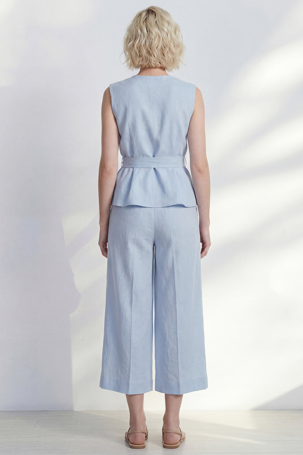 2 Piece Ruffled Light Blue V Neck Business Suits with Belt