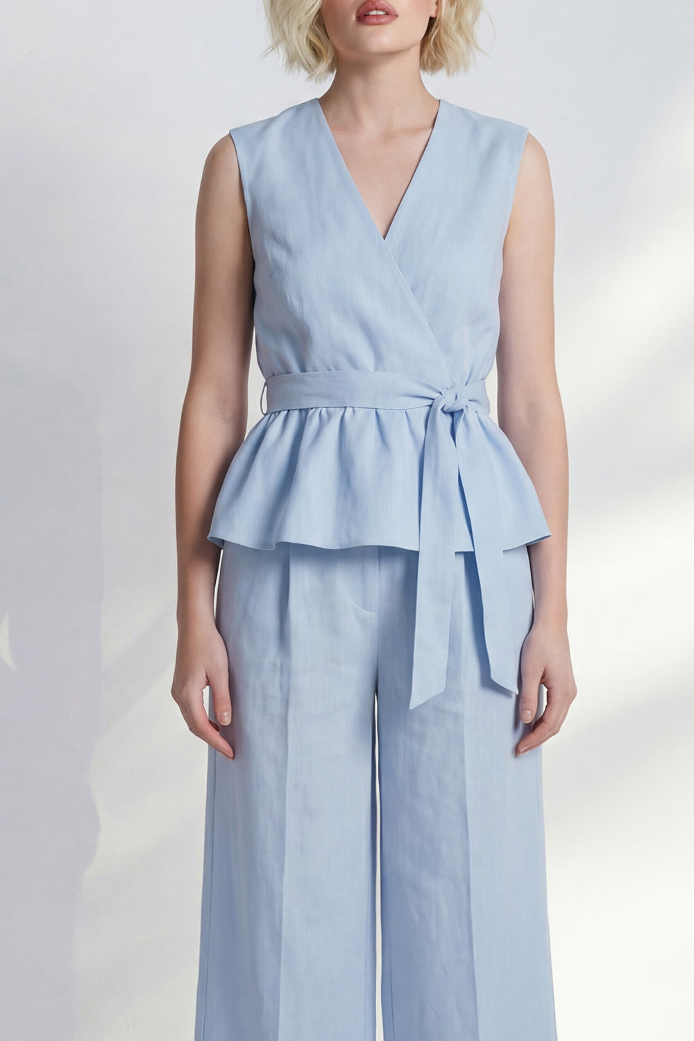 2 Piece Ruffled Light Blue V Neck Business Suits with Belt