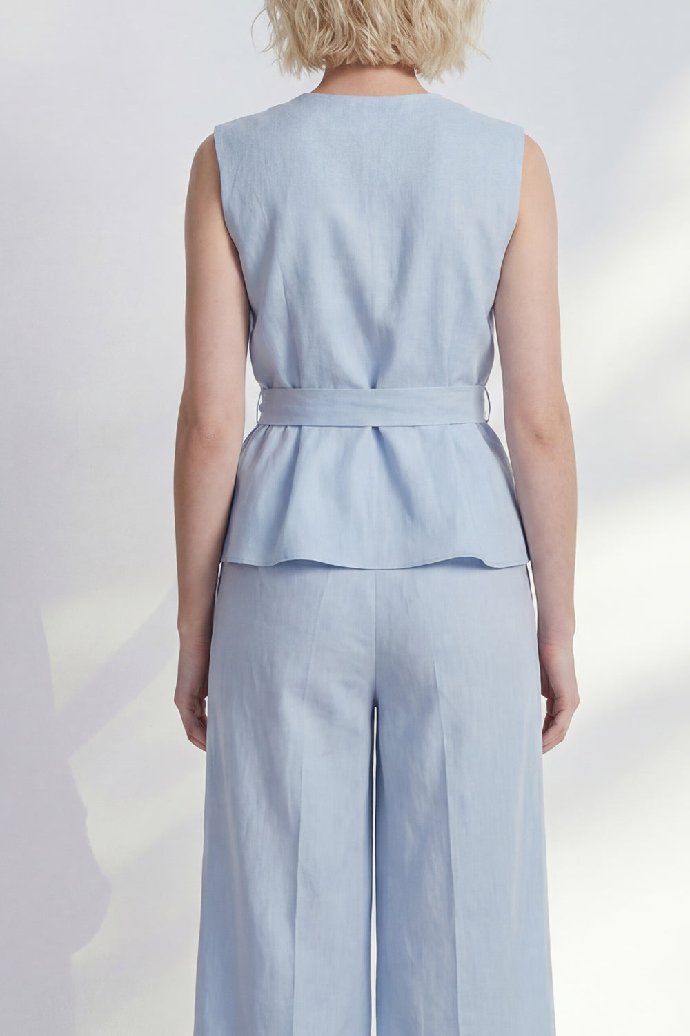 2 Piece Ruffled Light Blue V Neck Business Suits with Belt