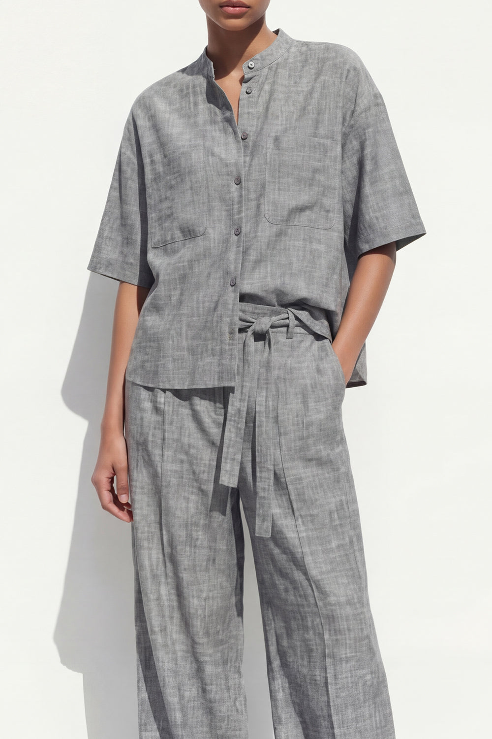 2 Piece Grey Single Breasted Half Sleeves Business Suits with Pockets