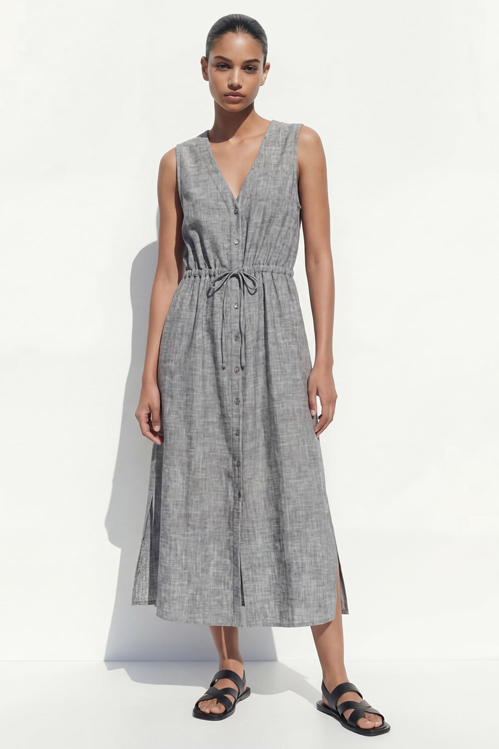 Grey V Neck Single Breasted Long Work Dress with Slit