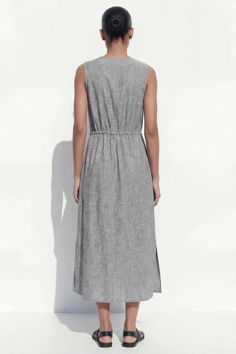Grey V Neck Single Breasted Long Work Dress with Slit