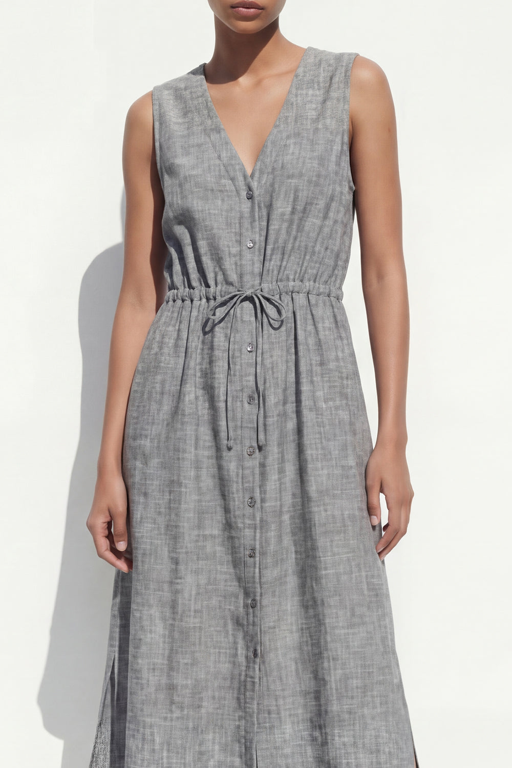 Grey V Neck Single Breasted Long Work Dress with Slit