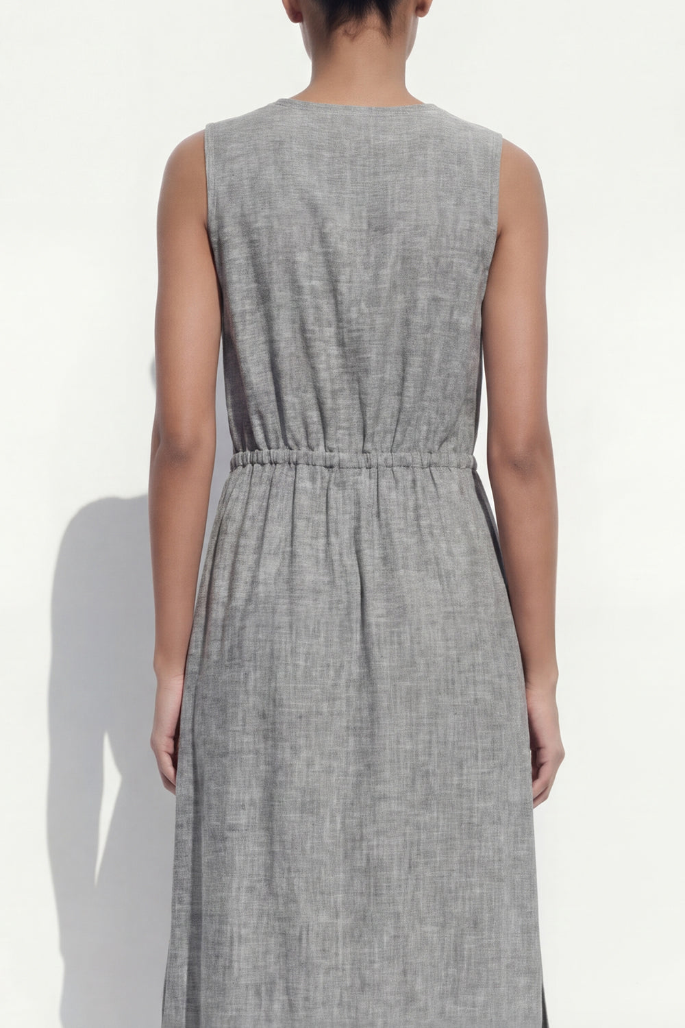 Grey V Neck Single Breasted Long Work Dress with Slit