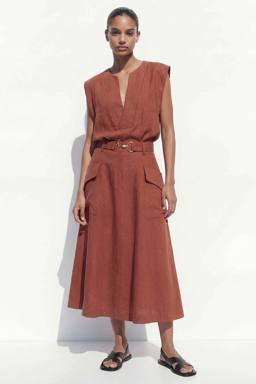 Carmel 2 Piece V Neck Cap Sleeves Business Suits with Belt