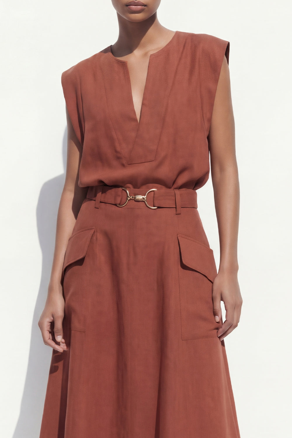 Carmel 2 Piece V Neck Cap Sleeves Business Suits with Belt