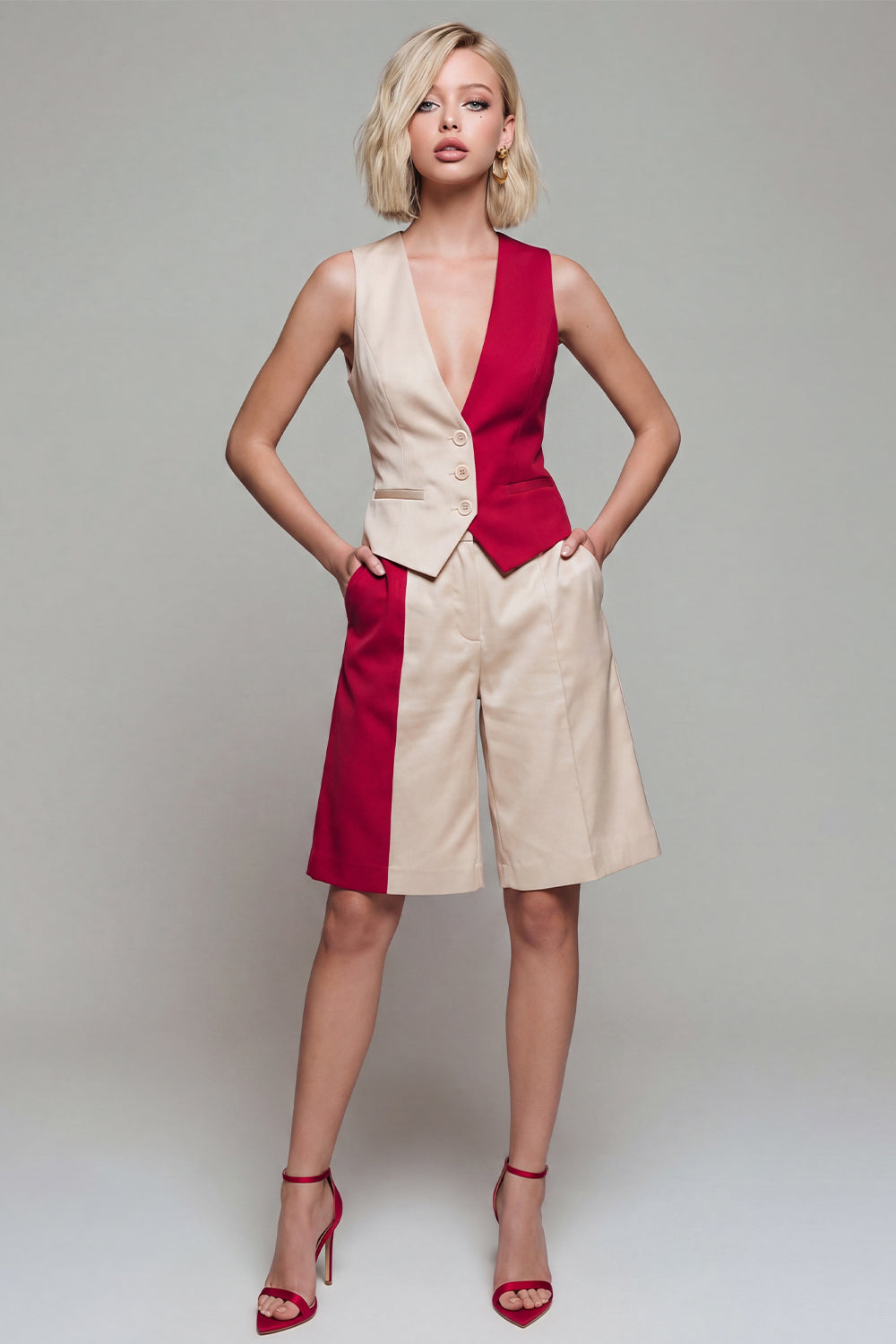 Light Khaki V Neck Single Breasted 2 Piece Business Suits with Pockets