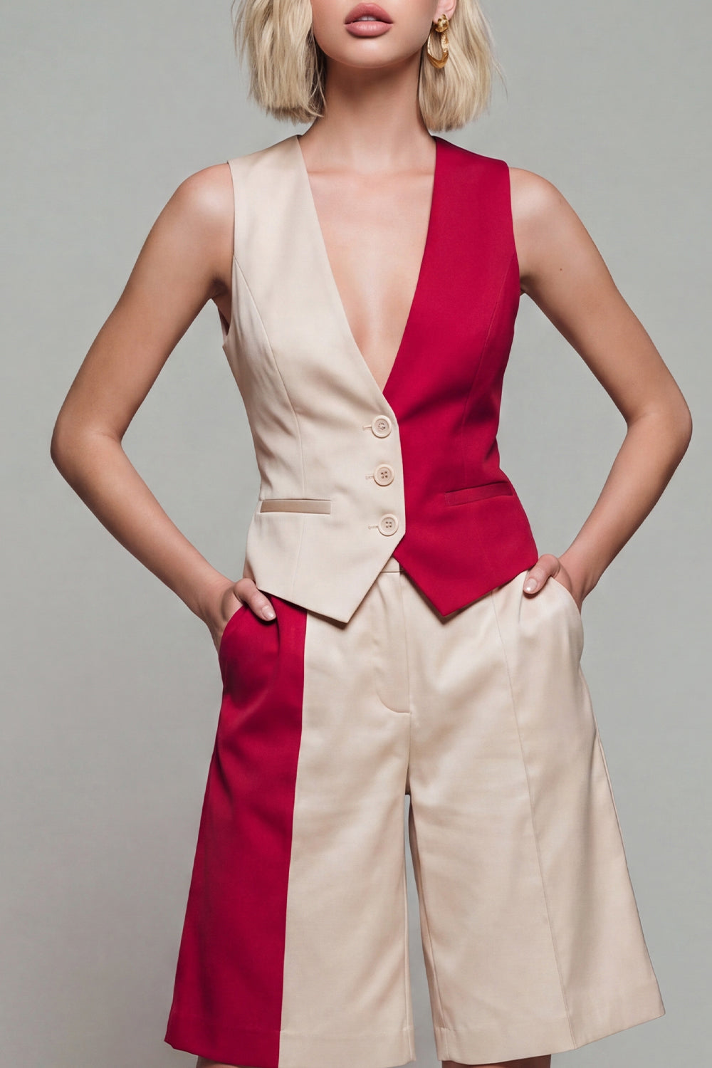 Light Khaki V Neck Single Breasted 2 Piece Business Suits with Pockets