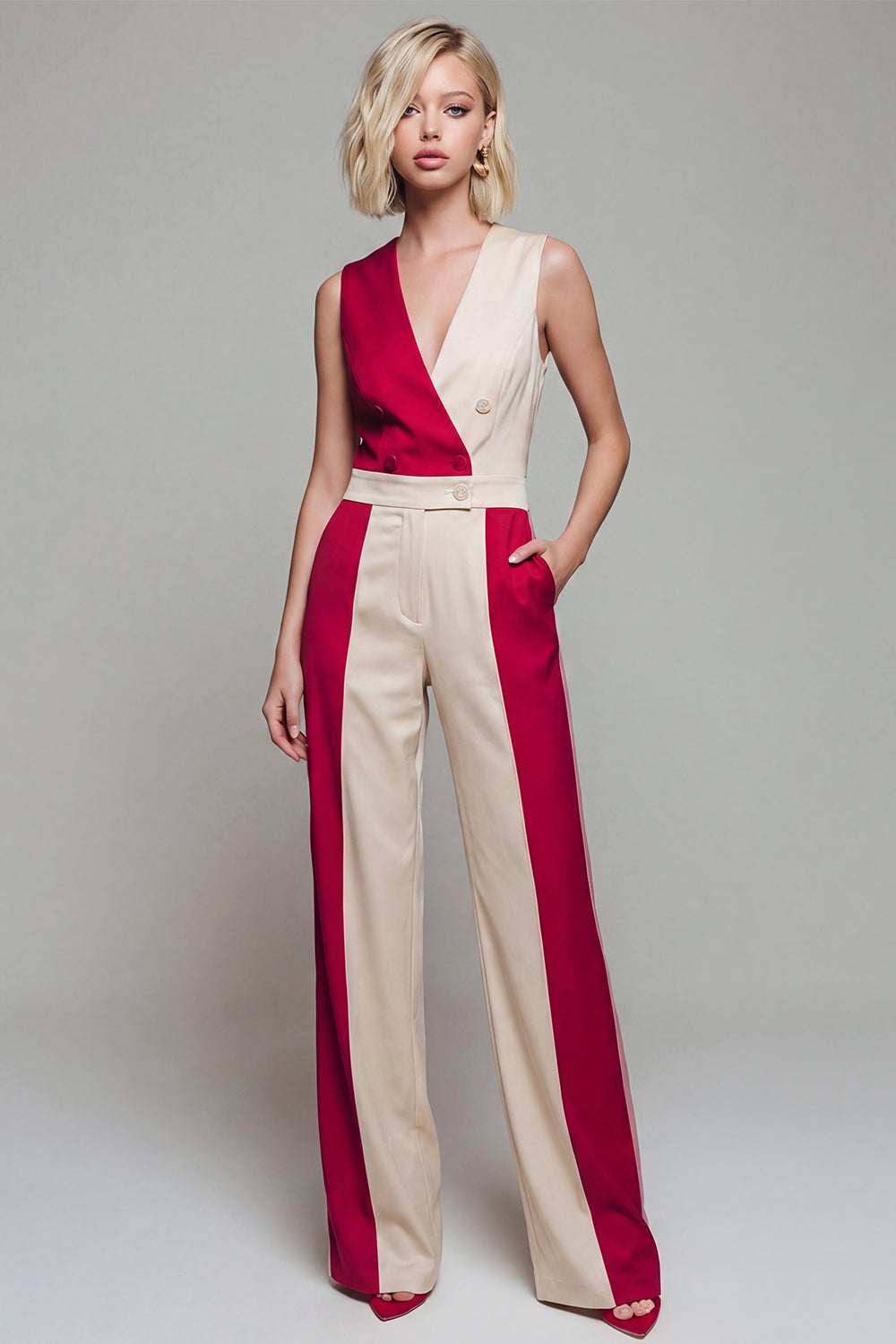 Light Khaki Patchwork Double Breasted V Neck Jumpsuits with Pockets