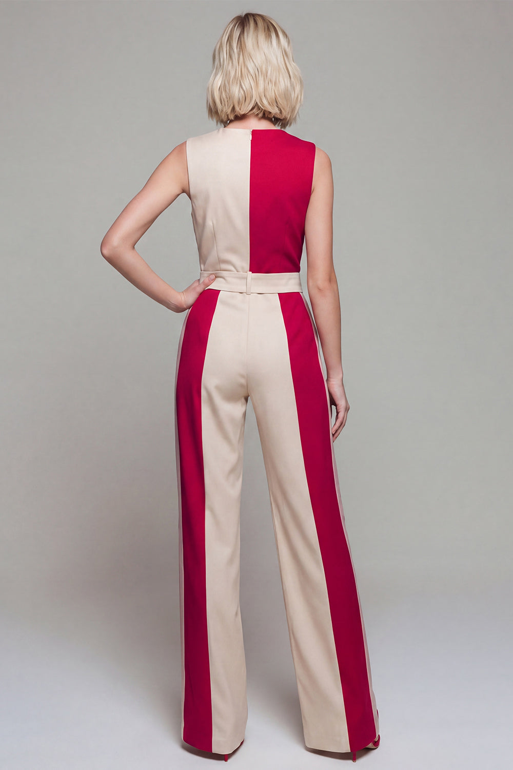 Light Khaki Patchwork Double Breasted V Neck Jumpsuits with Pockets