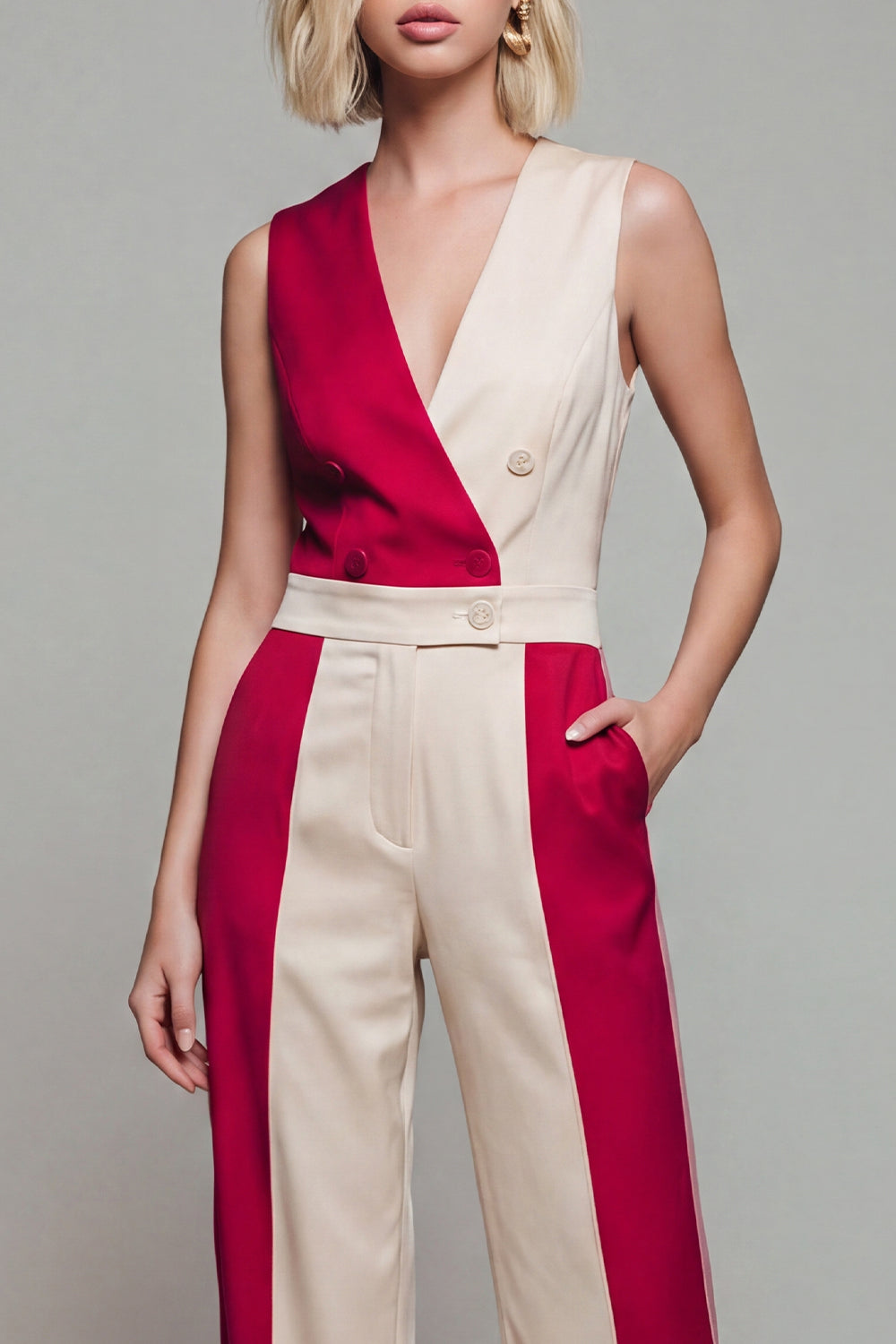 Light Khaki Patchwork Double Breasted V Neck Jumpsuits with Pockets