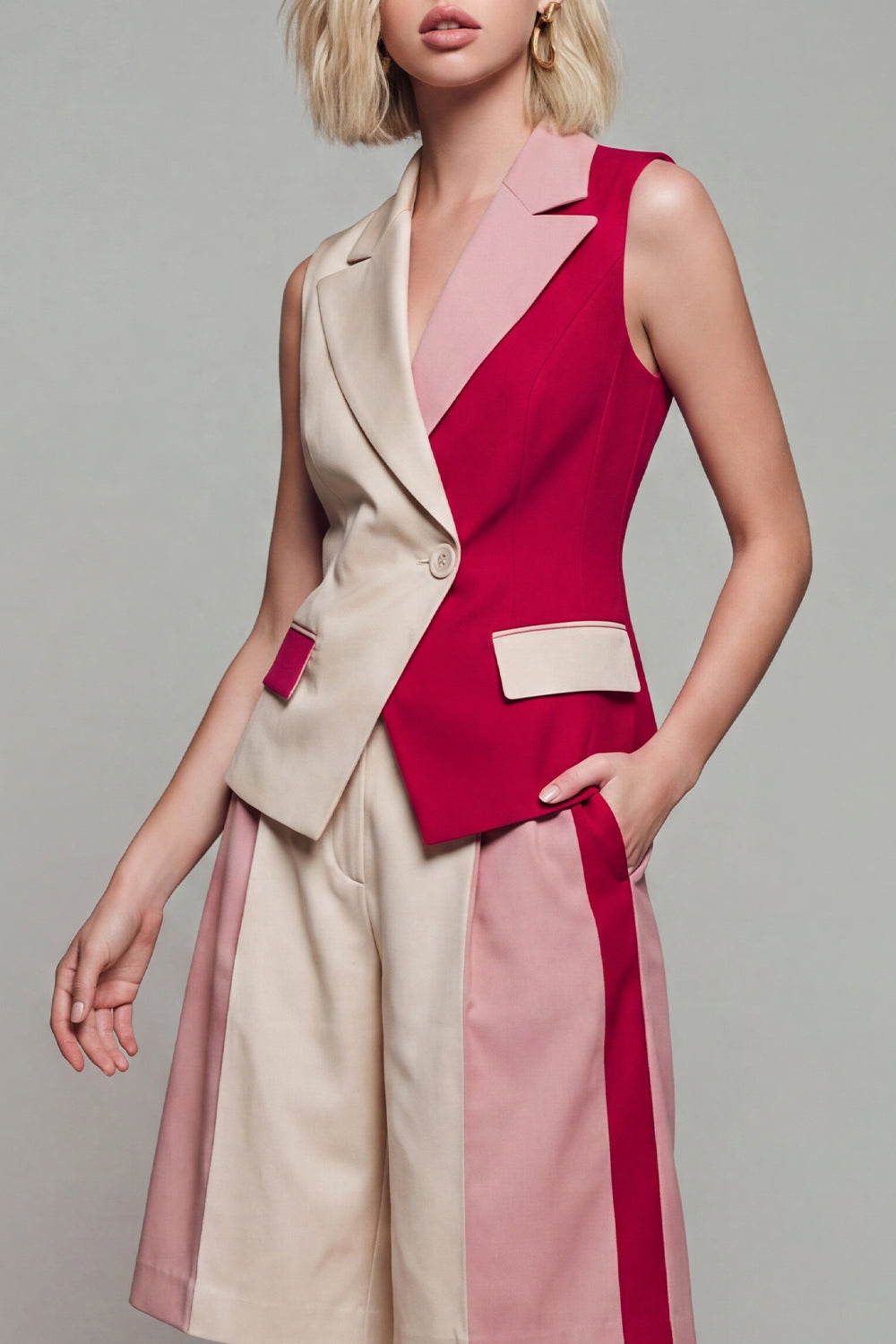 2 Piece Light Khaki Notched Lapel Patchwork Short Business Suits with Pockets