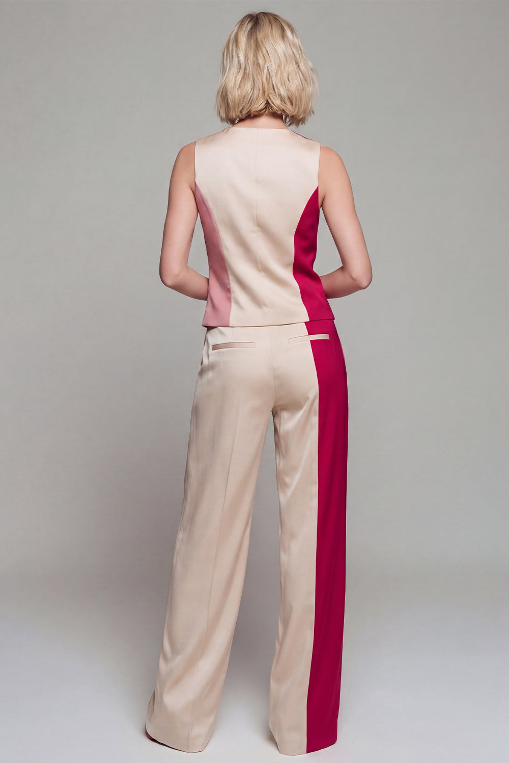 Light Khaki Single Breasted Wide Leg 2 Piece Patchwork Business Suits