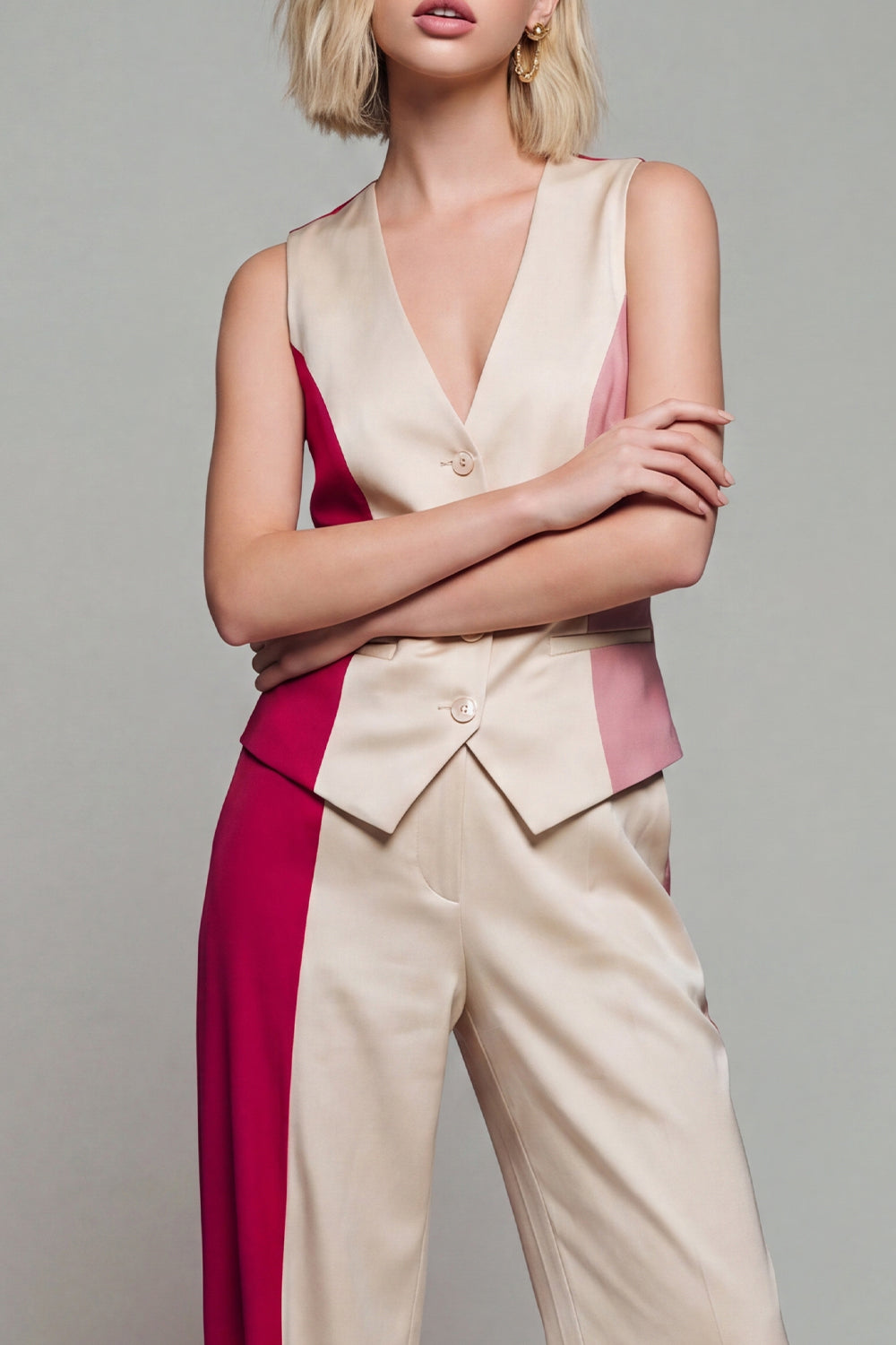 Light Khaki Single Breasted Wide Leg 2 Piece Patchwork Business Suits