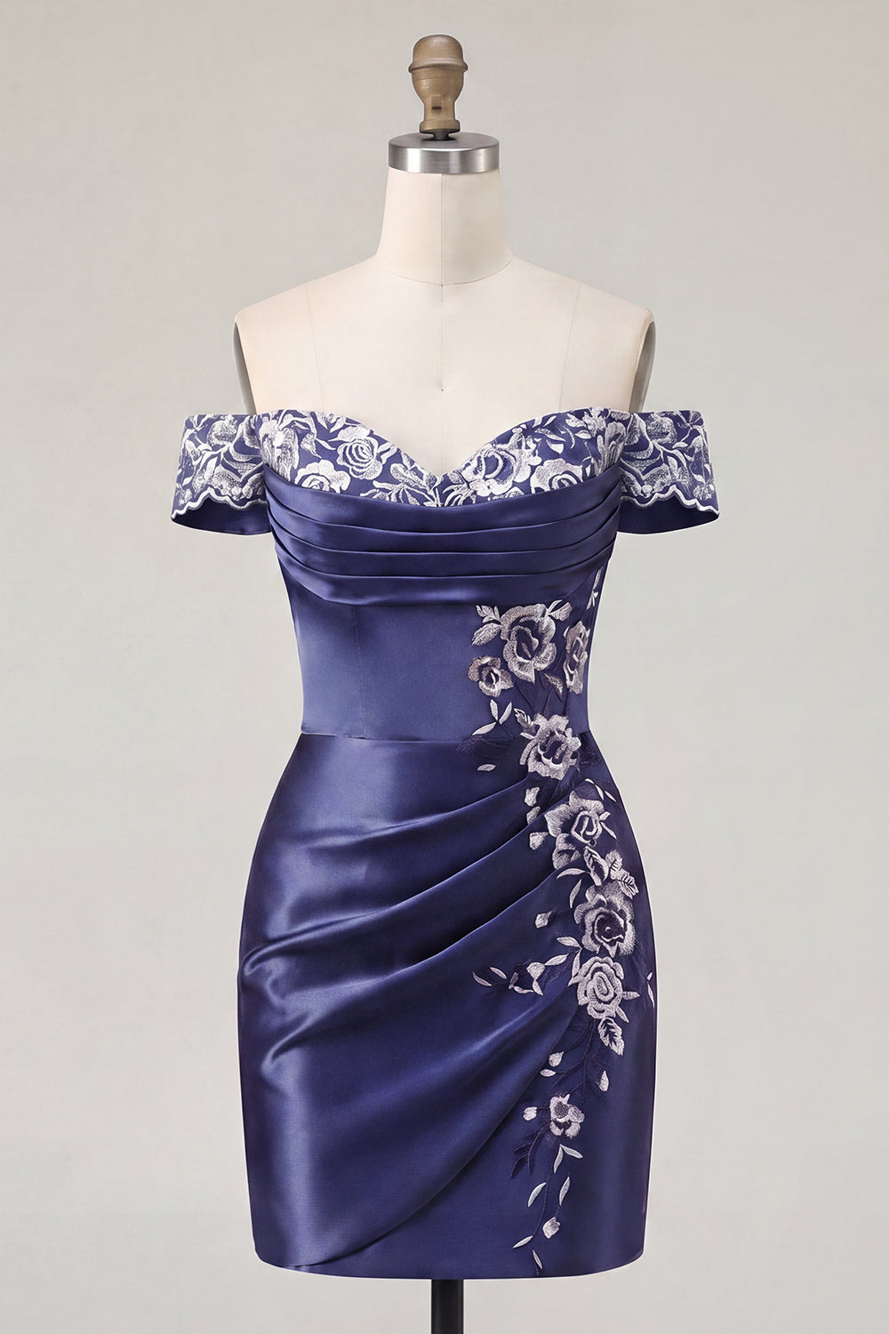 Navy Floral Ruched Off the Shoulder Tight Mini Homecoming Dress