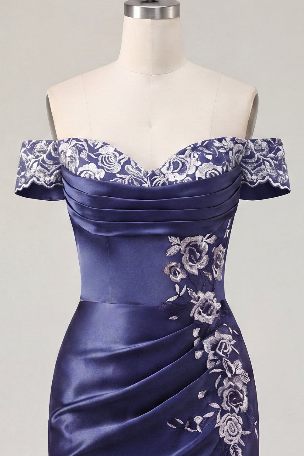 Navy Floral Ruched Off the Shoulder Tight Mini Homecoming Dress