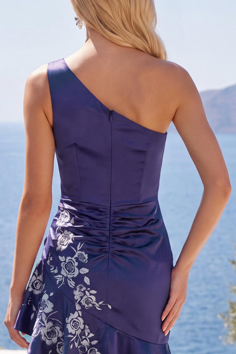 Floral Navy One Shoulder Ruched Tight Mini Homecoming Dress with Ruffles