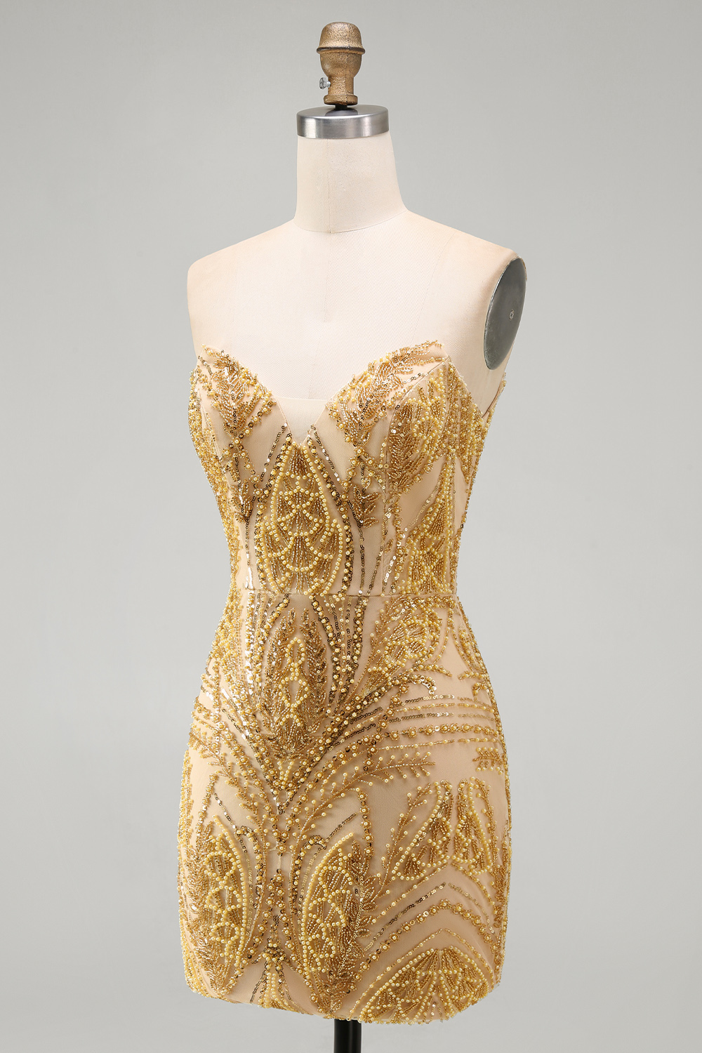 Sparkly Golden Tight Beaded Strapless Short Homecoming Dress