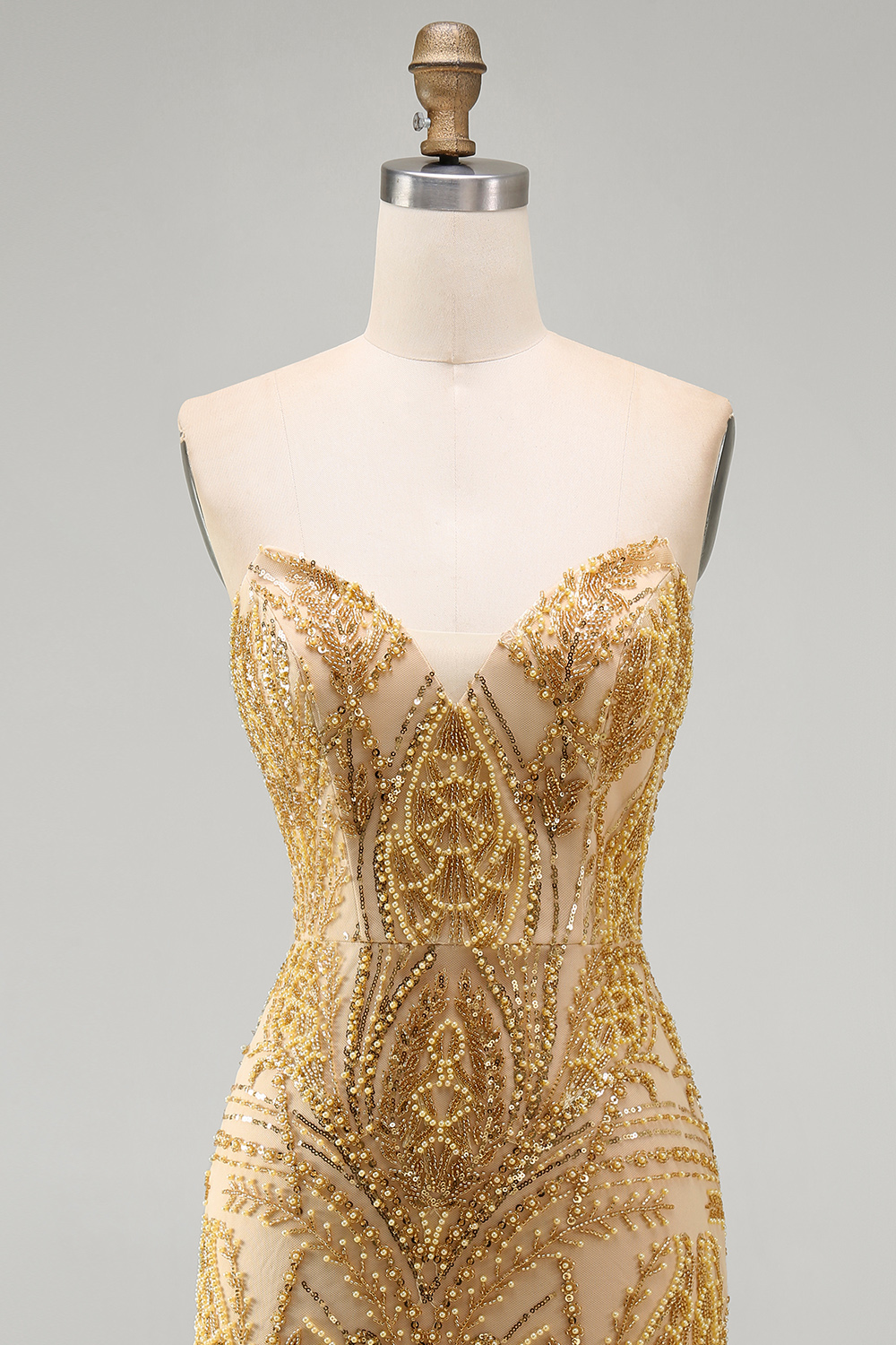 Sparkly Golden Tight Beaded Strapless Short Homecoming Dress