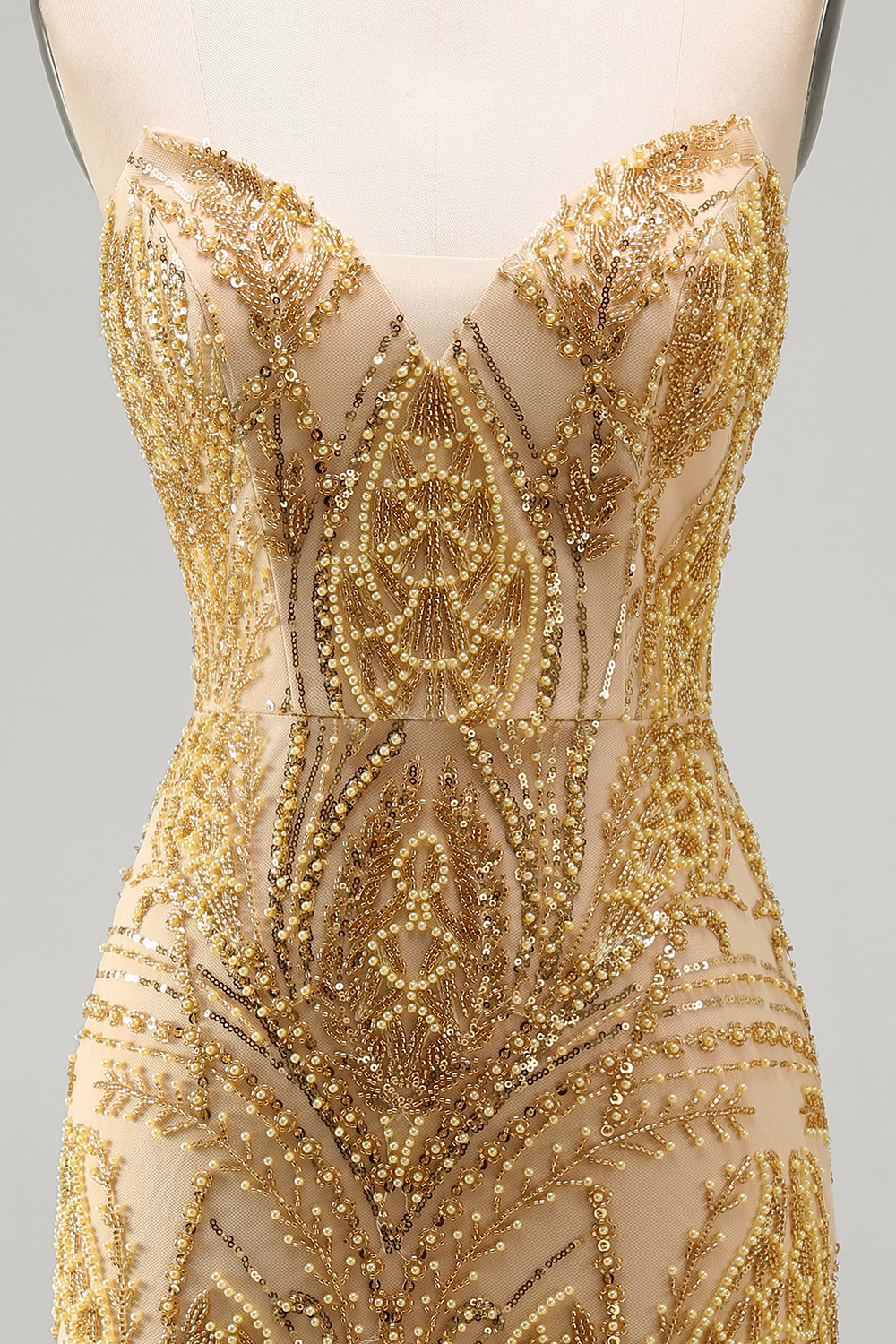 Sparkly Golden Tight Beaded Strapless Short Homecoming Dress
