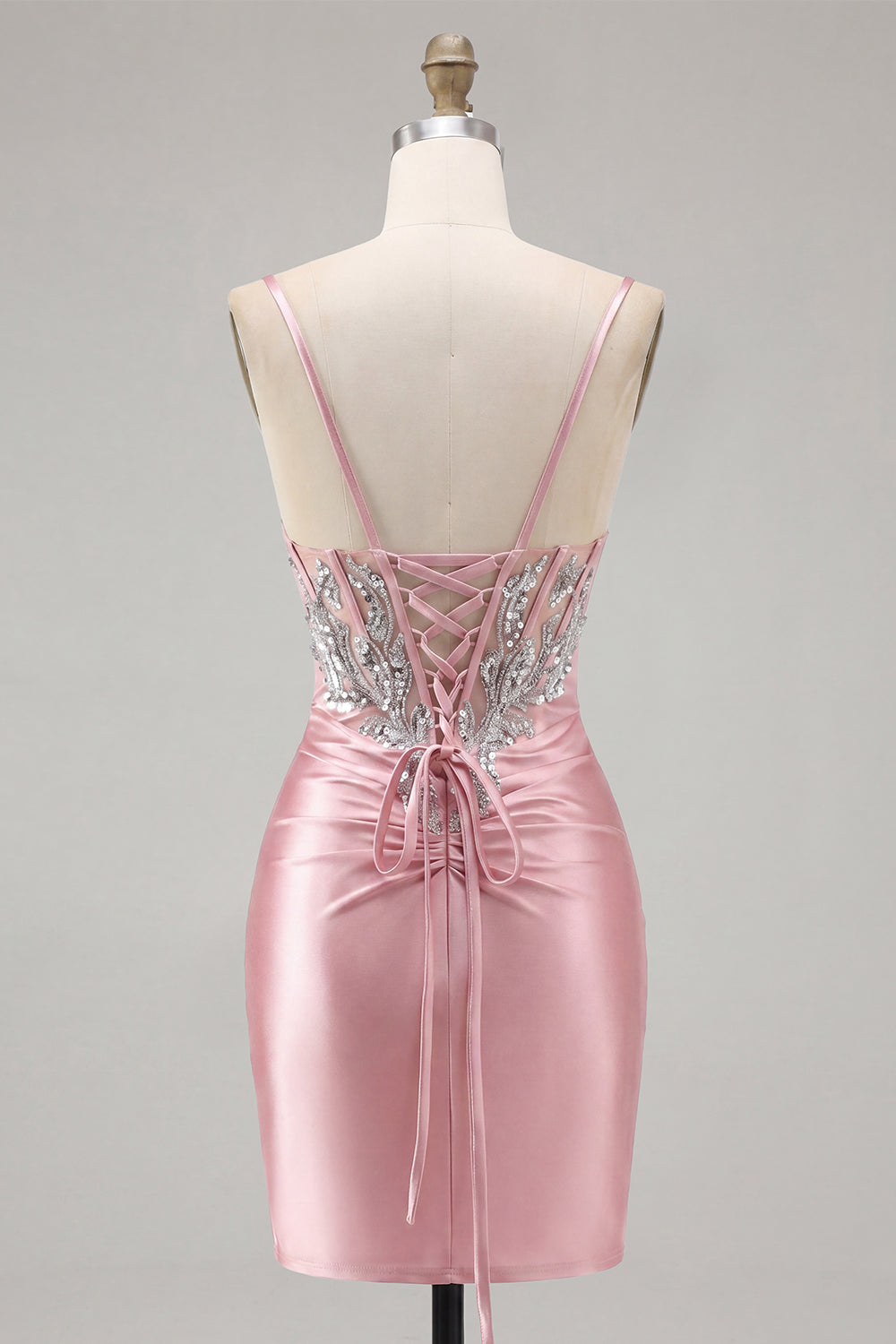 Sparkly Blush Corset Tight Spaghetti Straps Short Homecoming Dress with Rhinestone