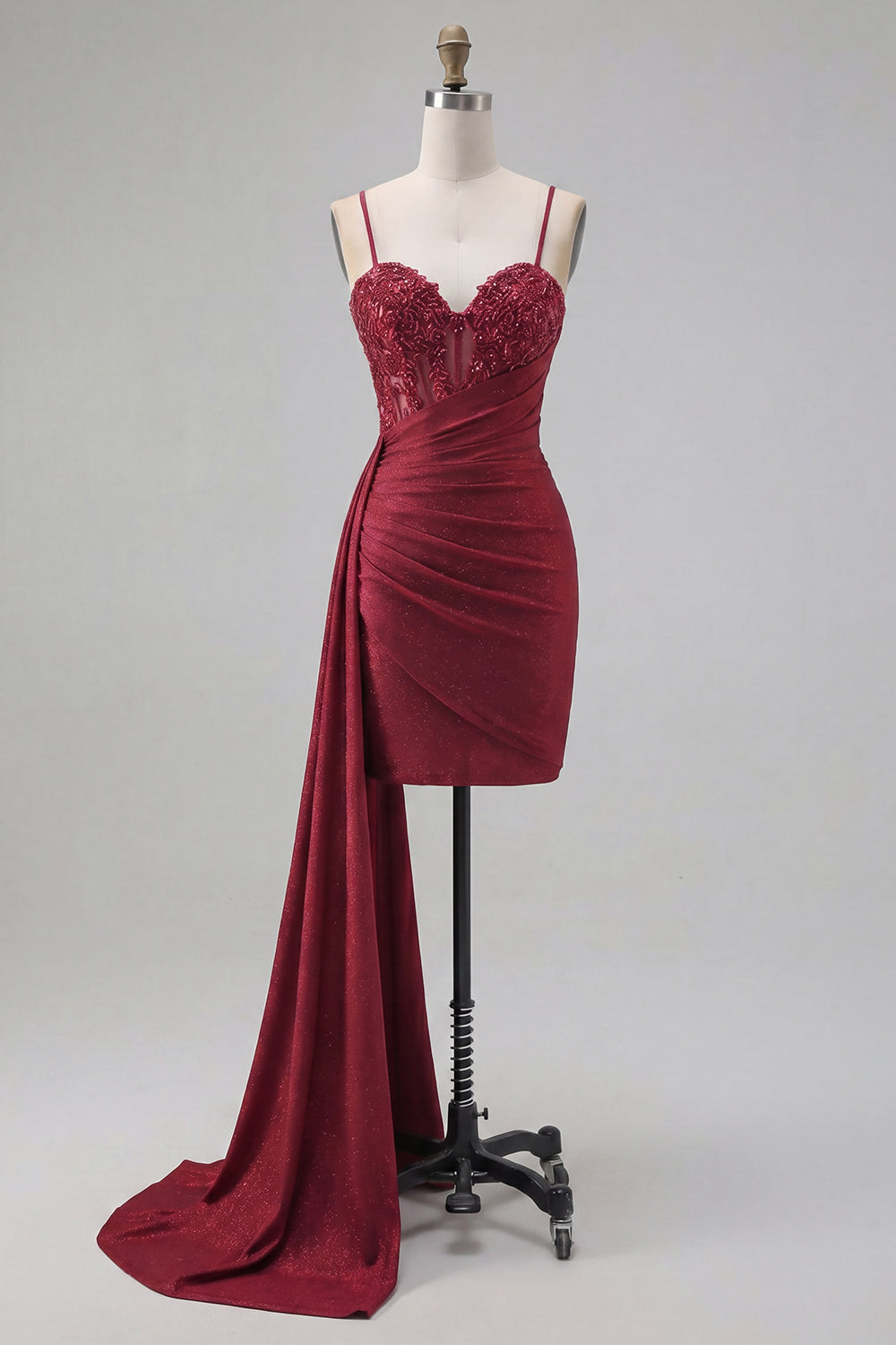 Sparkly Burgundy Beaded Tight Ruched Short Homecoming Dress with Side Cape
