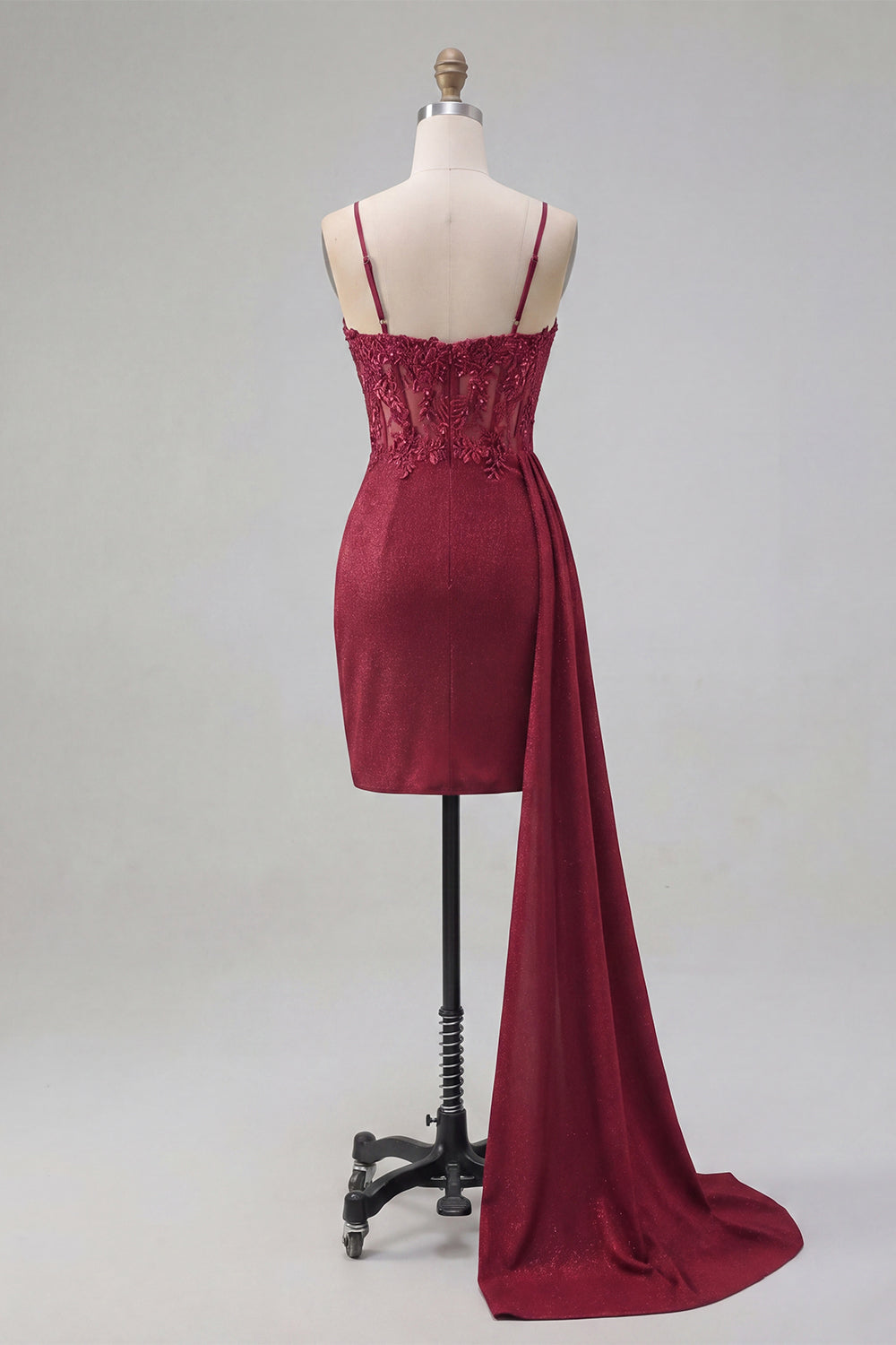 Sparkly Burgundy Beaded Tight Ruched Short Homecoming Dress with Side Cape