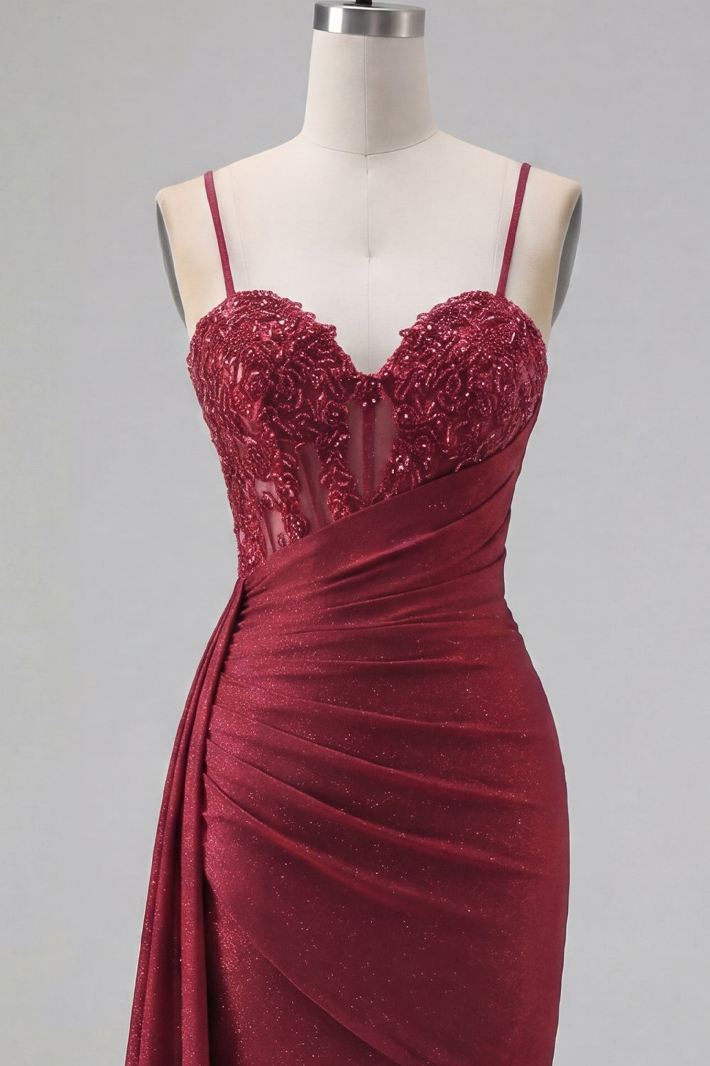 Sparkly Burgundy Beaded Tight Ruched Short Homecoming Dress with Side Cape