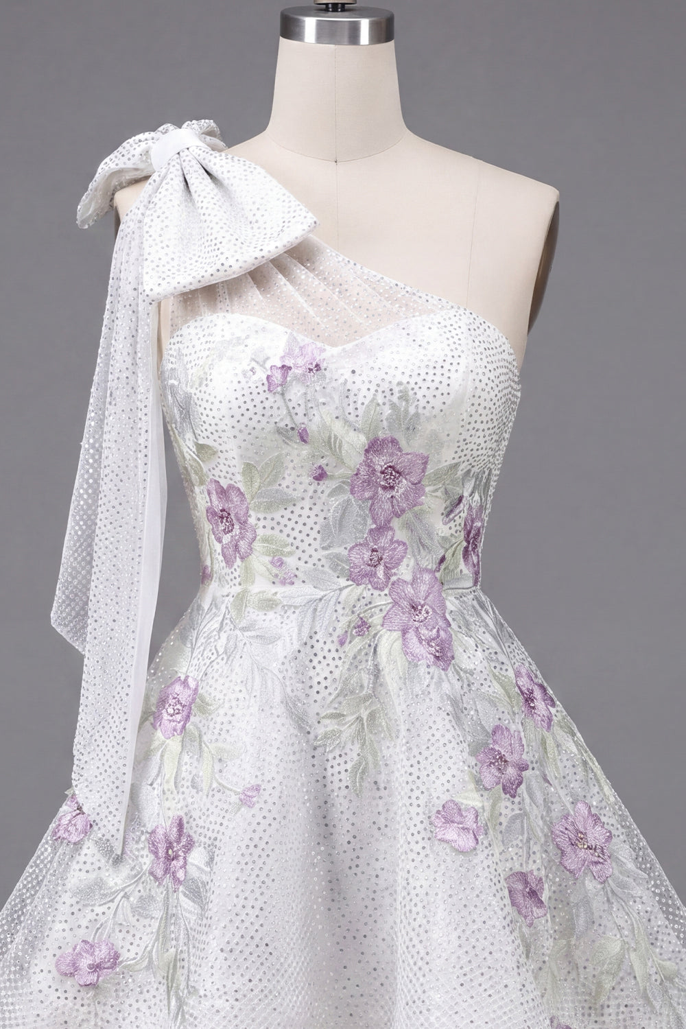 Sparkly White A Line Floral Beaded Mini Homecoming Dress with Bow