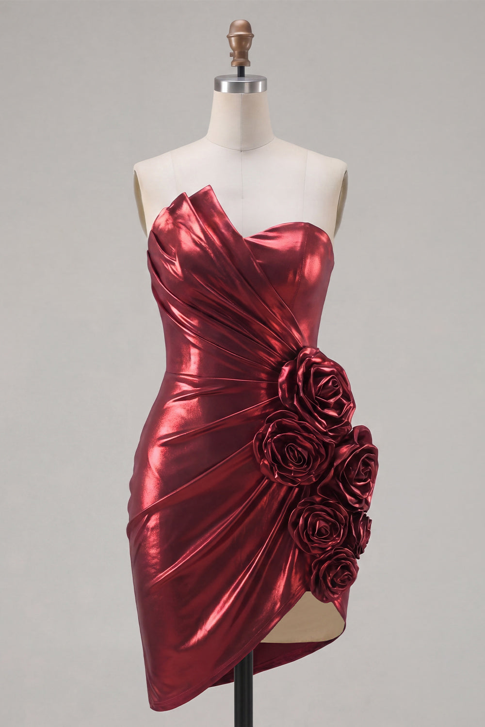 Burgundy Strapless Tight Ruched Mini Homecoming Dress with 3D Flowers