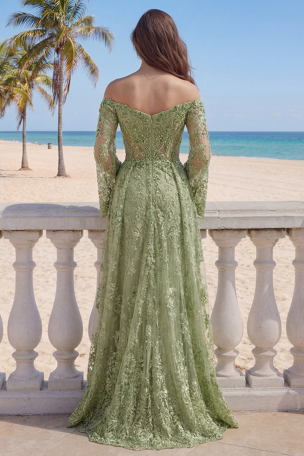 Sage Green Floral Lace A Line Long Sleeves Evening Dress with Slit