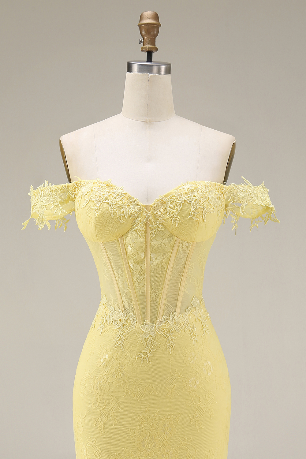 Butter Yellow Mermaid Lace Corset Off the Shoulder Long Evening Dress