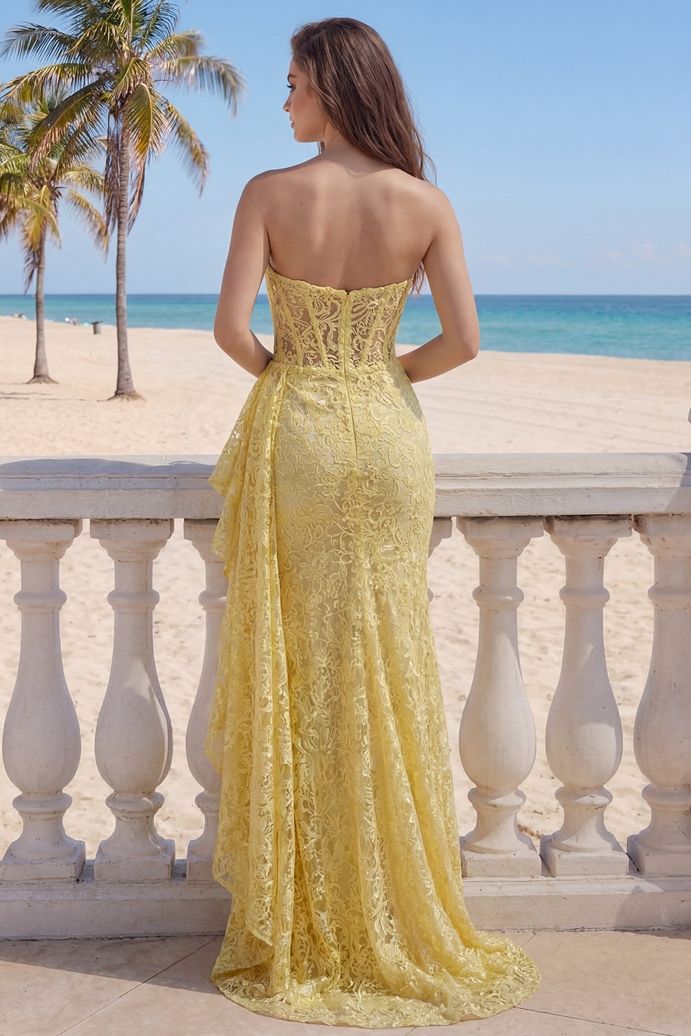 Butter Yellow Ruffled Mermaid Lace Long Evening Dress with Side Cape