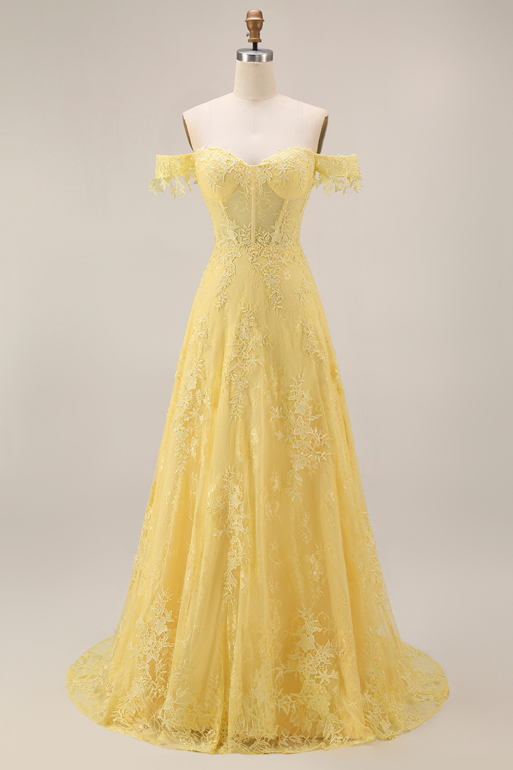 Butter Yellow Off the Shoulder Floral A Line Corset Long Evening Dress
