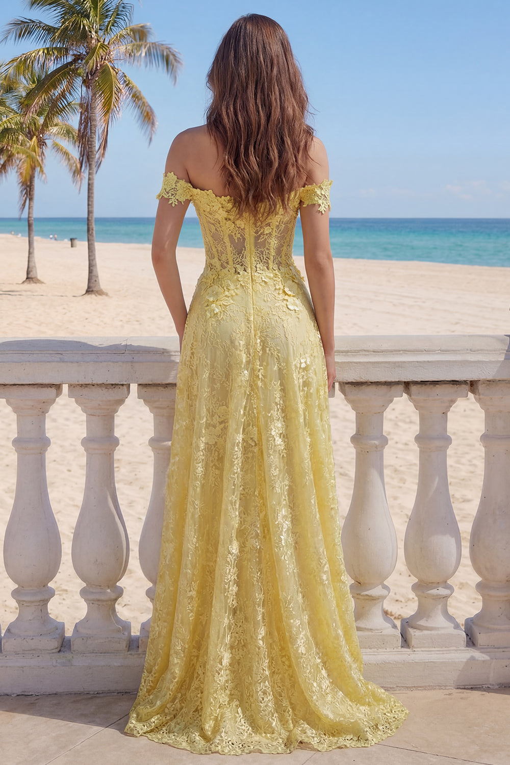 Butter Yellow Off the Shoulder Floral A Line Corset Long Evening Dress