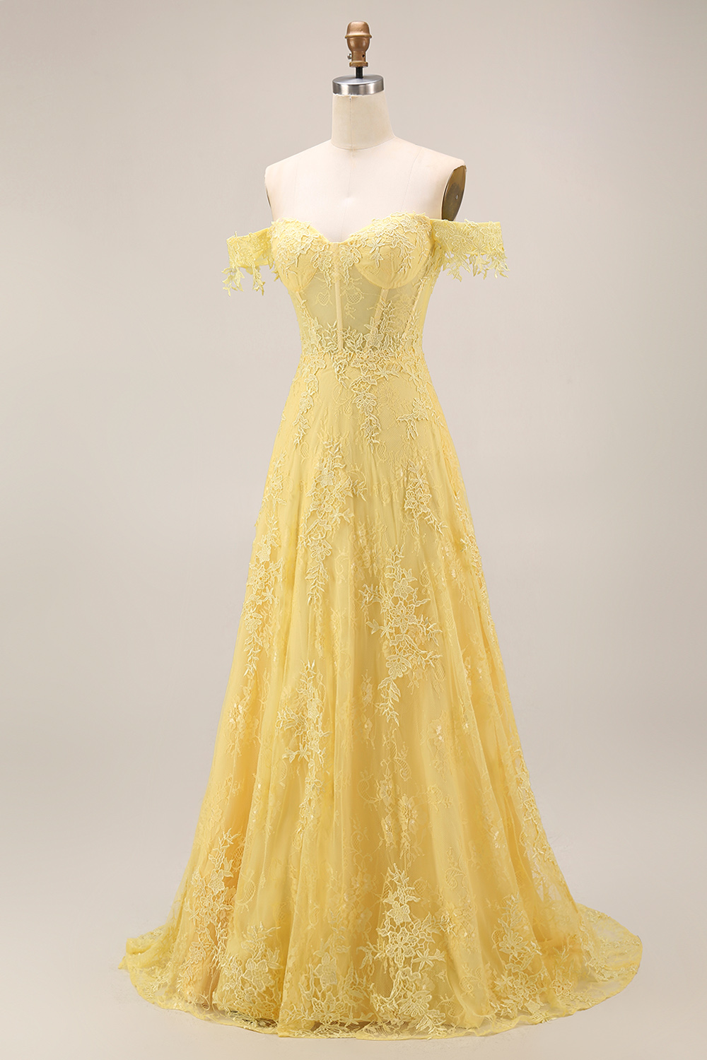 Butter Yellow Off the Shoulder Floral A Line Corset Long Evening Dress