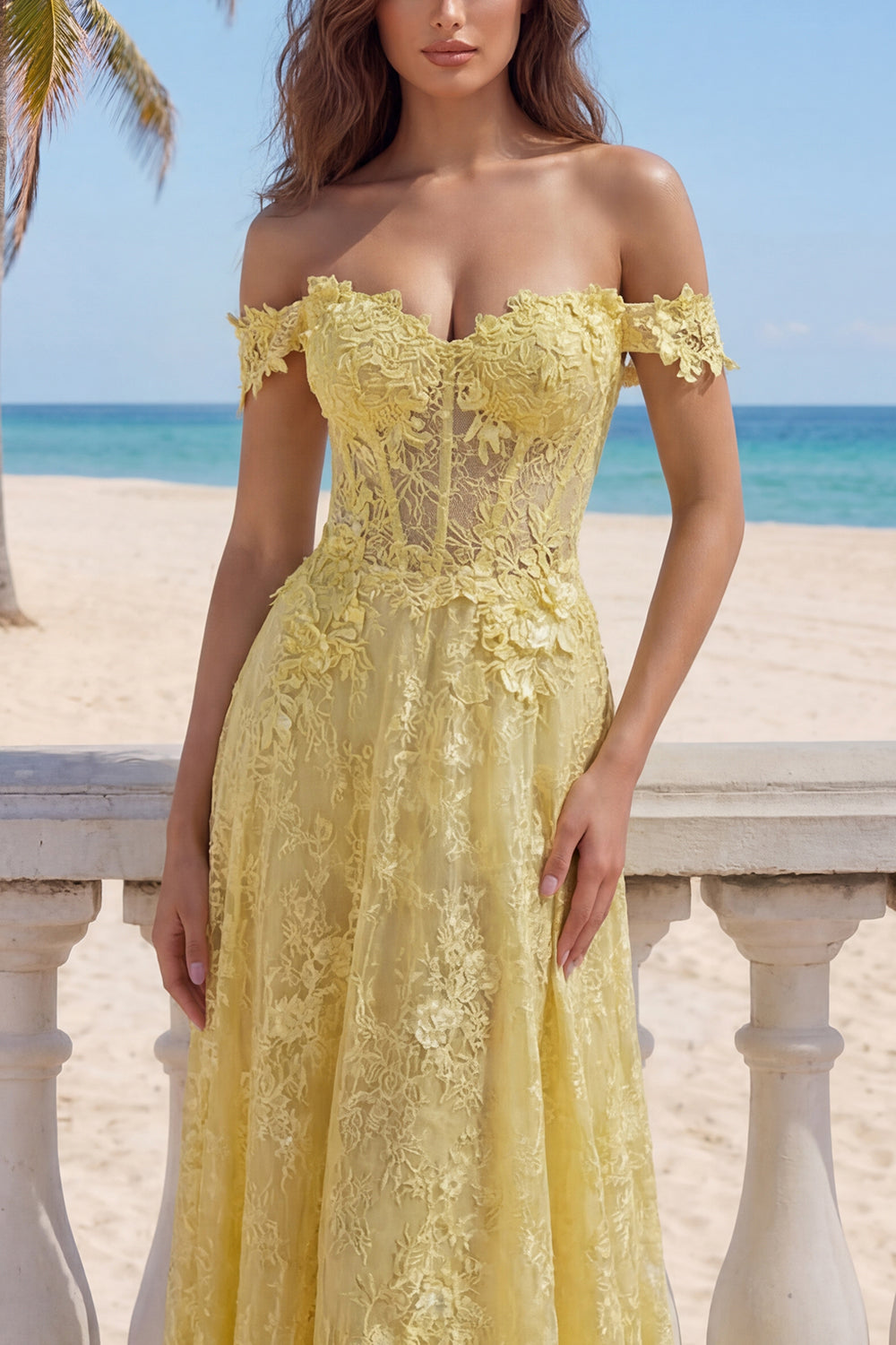 Butter Yellow Off the Shoulder Floral A Line Corset Long Evening Dress