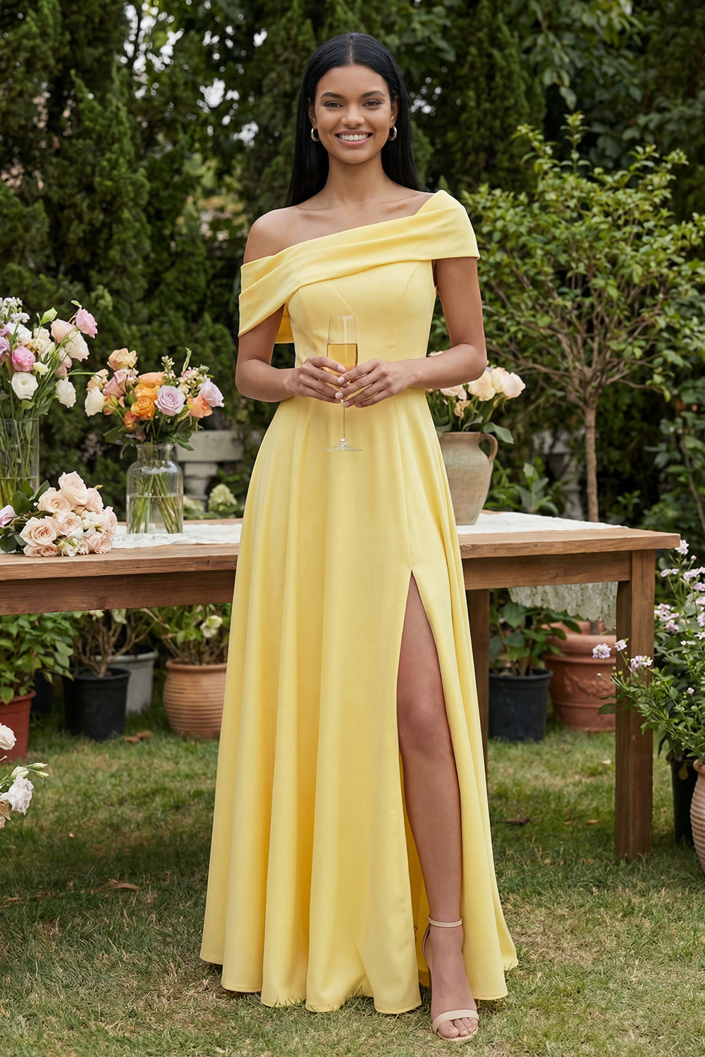 Butter Yellow Off the Shoulder A Line Maxi Beach Wedding Guest Dress with Slit