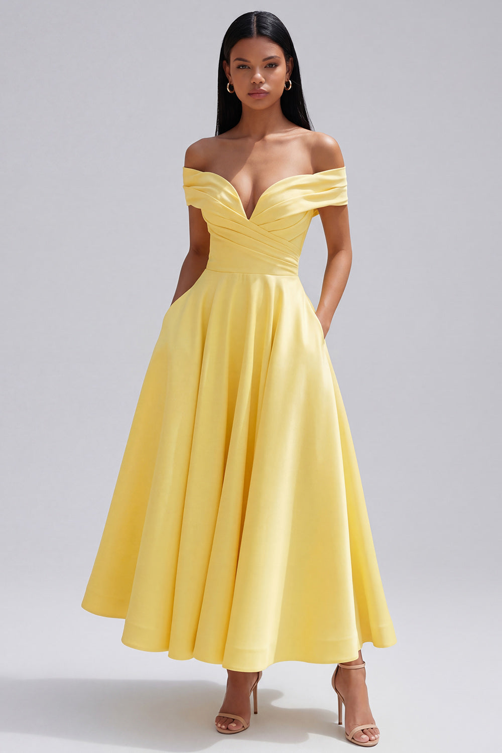 Butter Yellow A Line Ruched Off the Shoulder Maxi Beach Wedding Guest Dress
