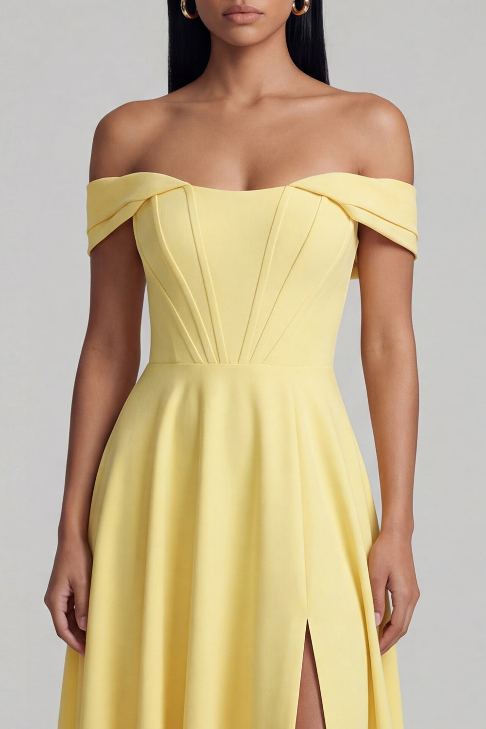 Corset Butter Yellow A Line Long Beach Wedding Guest Dress with Slit