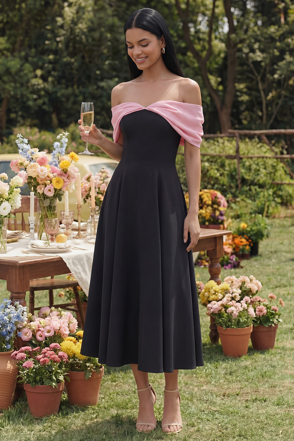 Black Off the Shoulder A Line Patchwork Maxi Beach Wedding Guest Dress