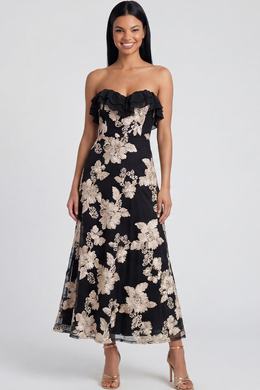 Yellow Floral A Line Strapless Maxi Beach Wedding Guest Dress with Ruffles