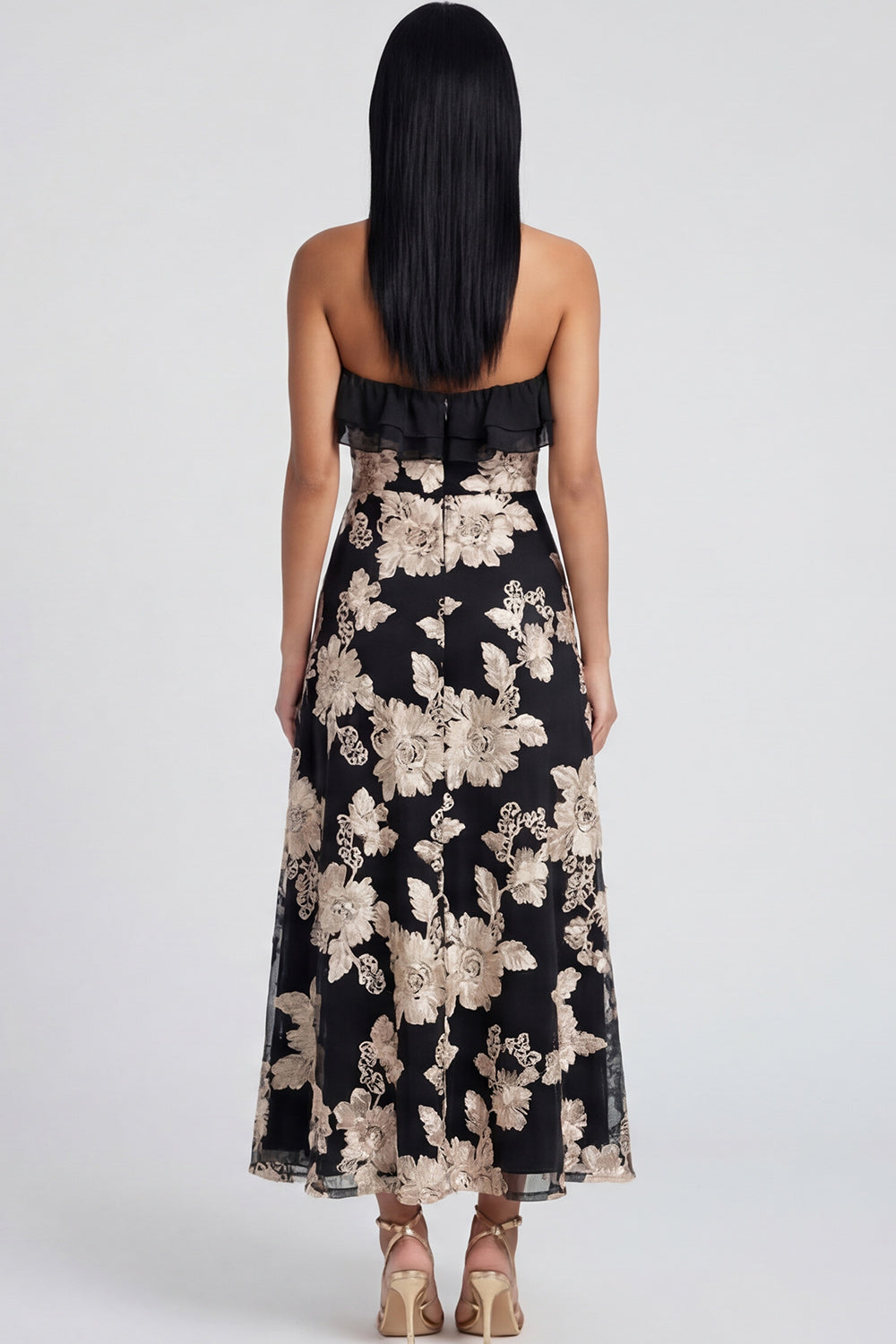 Yellow Floral A Line Strapless Maxi Beach Wedding Guest Dress with Ruffles