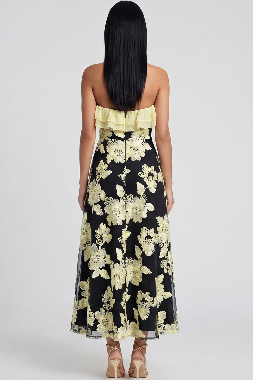Yellow Floral A Line Strapless Maxi Beach Wedding Guest Dress with Ruffles