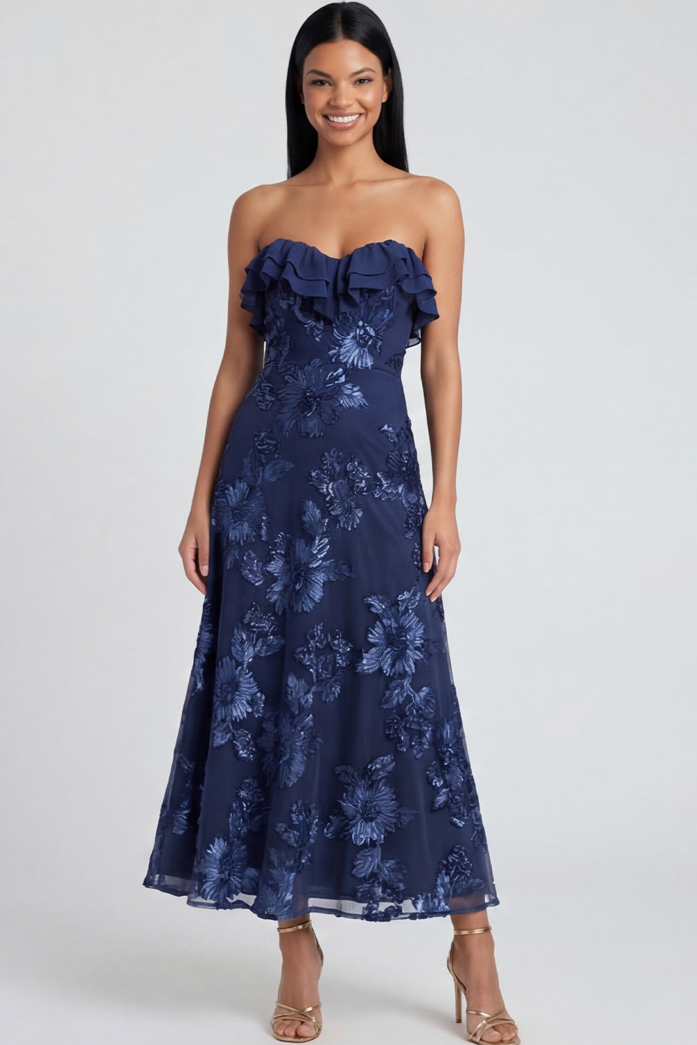 Yellow Floral A Line Strapless Maxi Beach Wedding Guest Dress with Ruffles