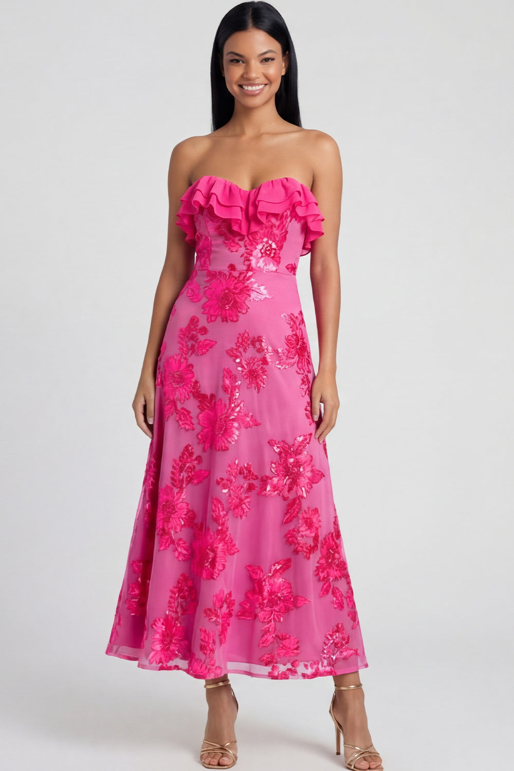 Yellow Floral A Line Strapless Maxi Beach Wedding Guest Dress with Ruffles