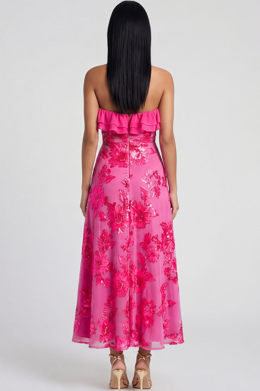 Yellow Floral A Line Strapless Maxi Beach Wedding Guest Dress with Ruffles