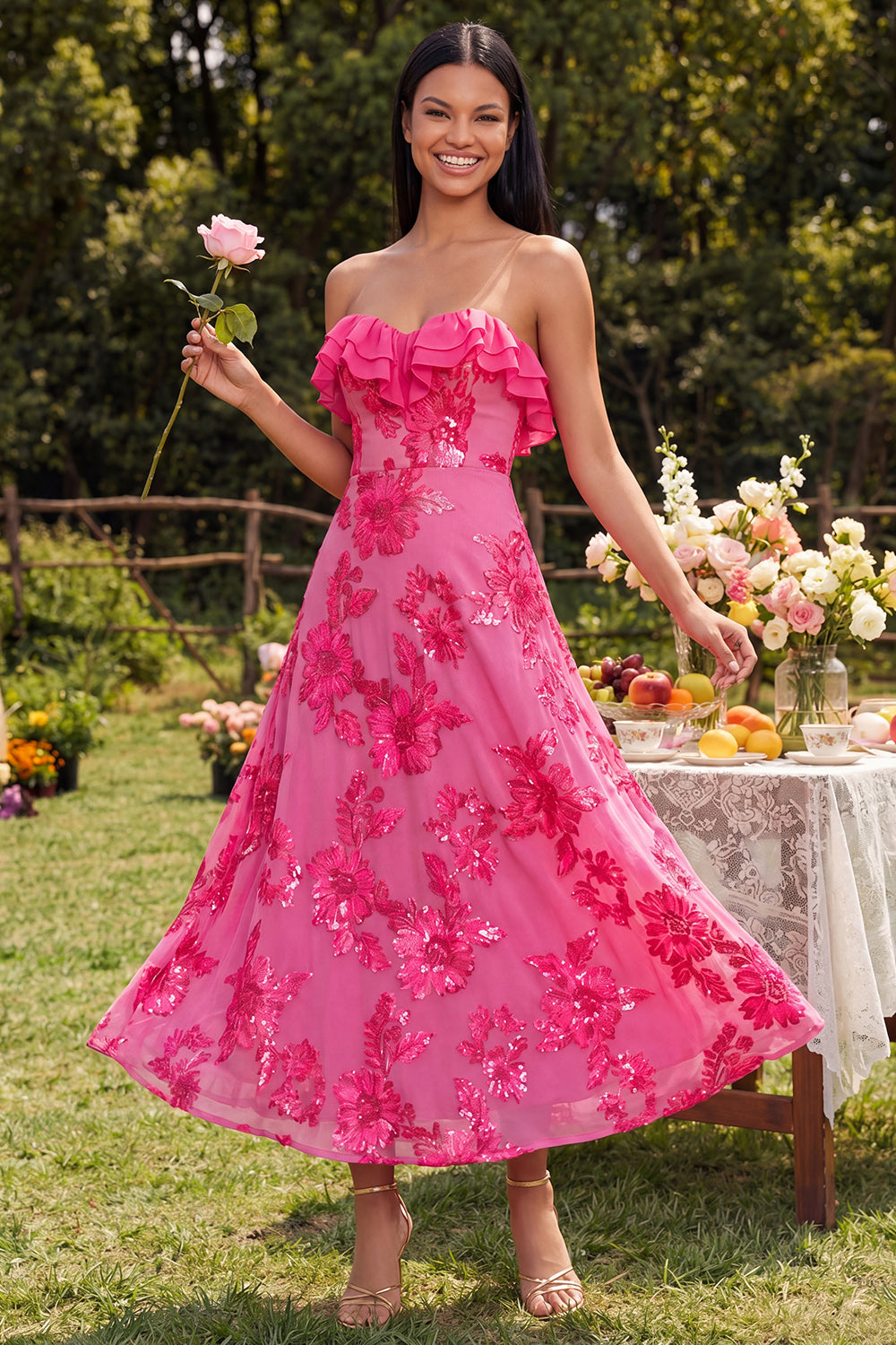 Yellow Floral A Line Strapless Maxi Beach Wedding Guest Dress with Ruffles