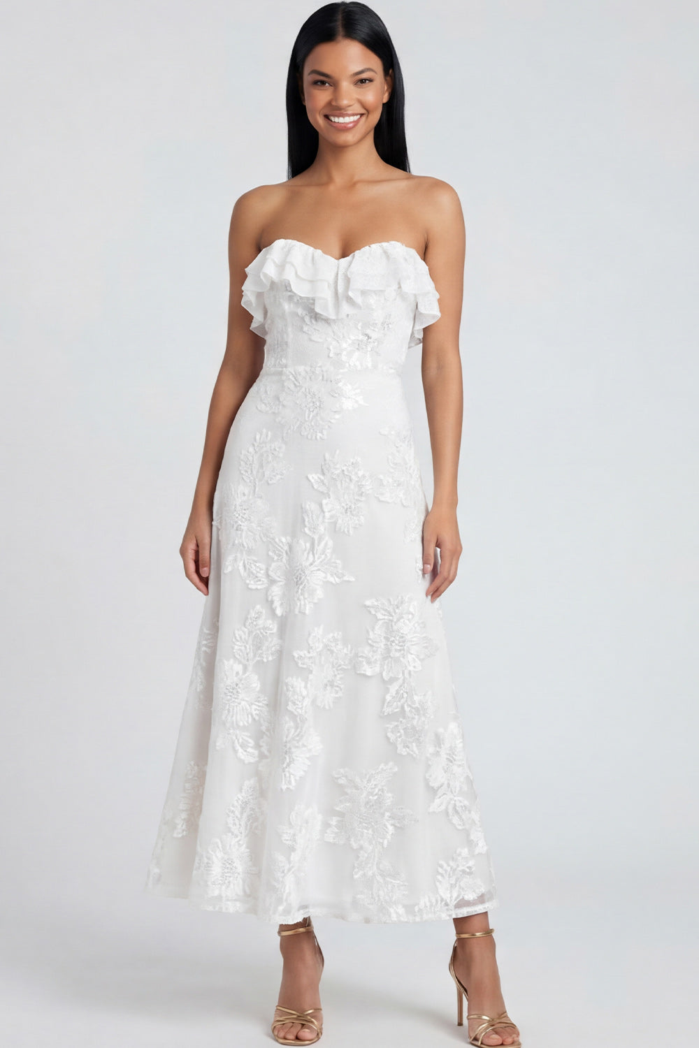 Yellow Floral A Line Strapless Maxi Beach Wedding Guest Dress with Ruffles